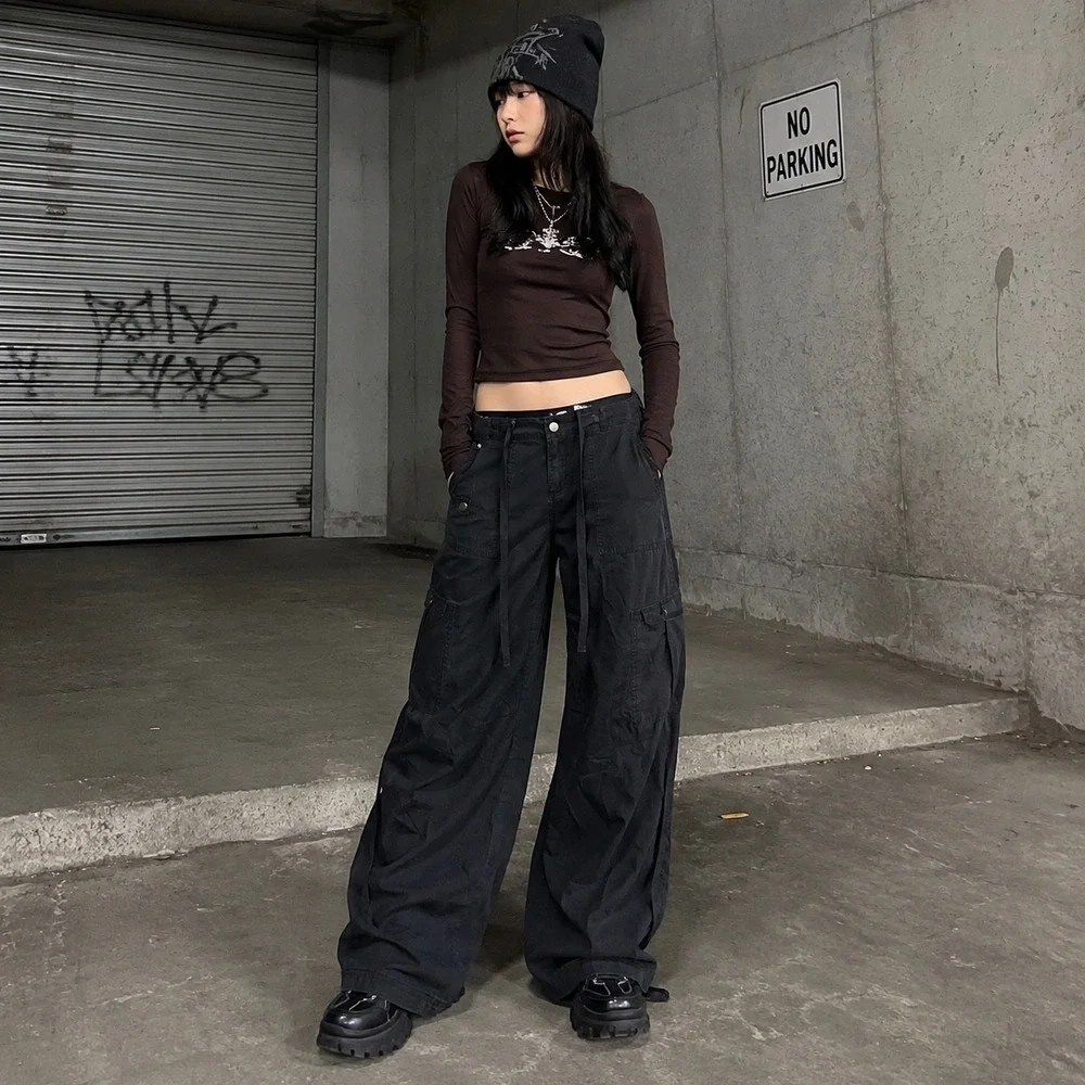Wild Fable Pants Women XS Black Cargo Wide Leg Cotton Drawstring Hem Utility Y2K